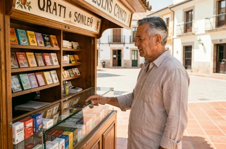 Homme achetant du tabac à rouler dans un estanco espagnol traditionnel en plein air