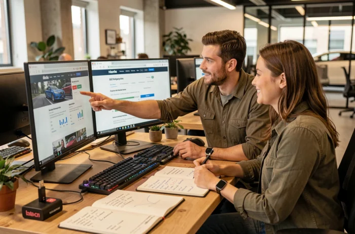Deux professionnels d'une agence média collaborant sur des stratégies de services numériques pour le secteur automobile