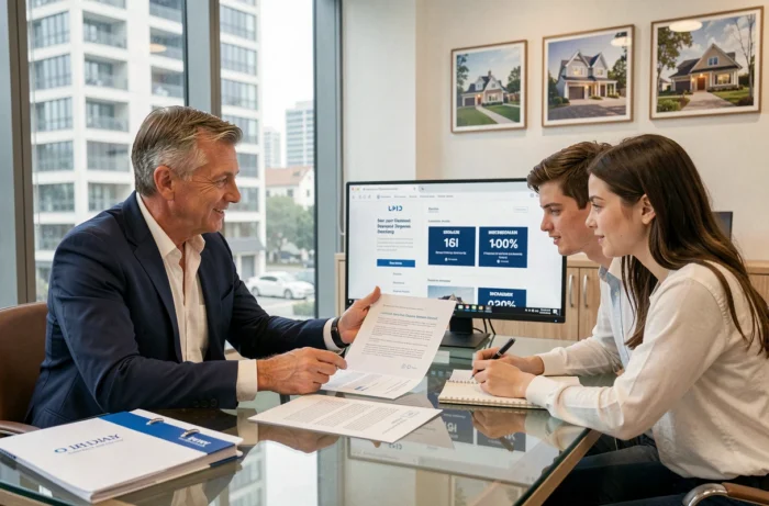 Agent immobilier présentant des avis clients à un jeune couple dans une agence immobilière moderne