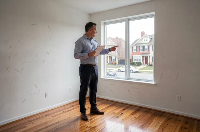Agent immobilier présentant un appartement vide à vendre ou à louer avec fiche descriptive dans le cadre d'un projet immobilier en 2026