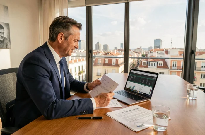 Agent sportif examinant des contrats et des données financières dans un bureau moderne à Madrid, en lien avec les négociations de salaires des joueurs du Real Madrid en 2026