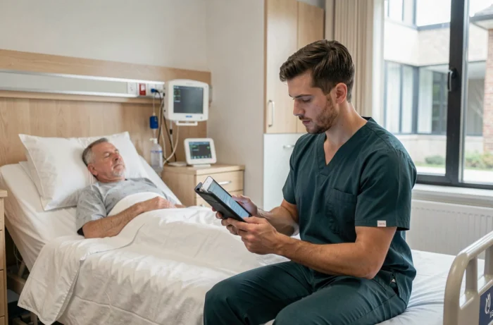 Aide-soignant masculin consultant un dossier numérique de soins auprès d'un patient hospitalisé, nouveaux actes référentiel 2026