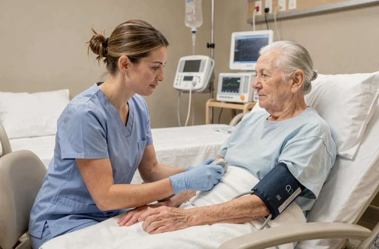 Aide-soignante prenant la tension artérielle d'une patiente âgée dans une chambre d'hôpital moderne, compétences cliniques 2026
