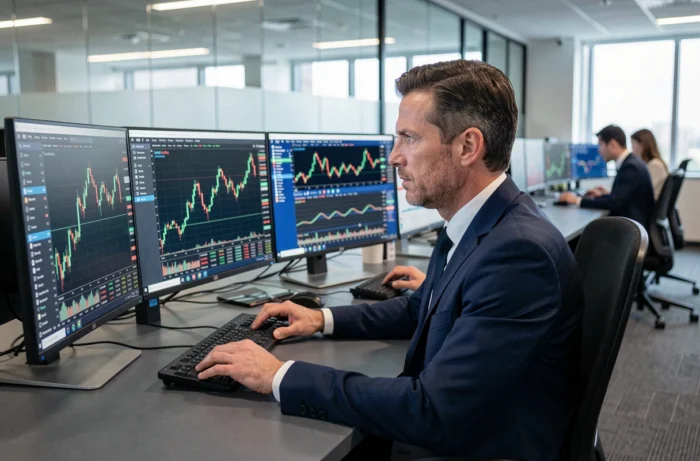 Analyste financier concentré devant plusieurs écrans affichant des graphiques boursiers en temps réel dans un bureau moderne