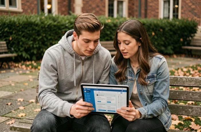 Deux jeunes adultes consultant une plateforme de formation en ligne sur une tablette dans une cour de campus universitaire