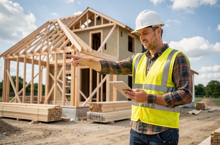 Architecte en chantier contrôlant l'avancement de la construction d'une maison individuelle