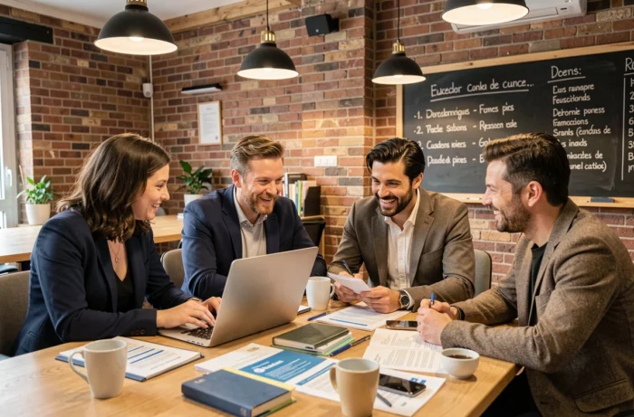 Groupe de professionnels adultes collaborant lors d'un atelier de formation dans un espace de coworking à Lyon