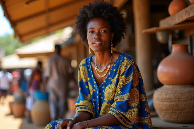 Femme africaine en tenue traditionnelle boubou dans un marché, illustrant les critères de beauté culturels africains