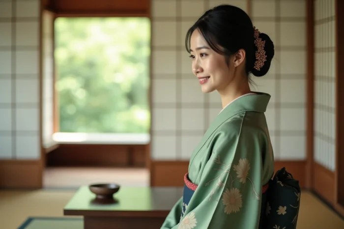Femme japonaise en kimono traditionnel devant un écran shoji, représentant les idéaux de beauté japonais classiques