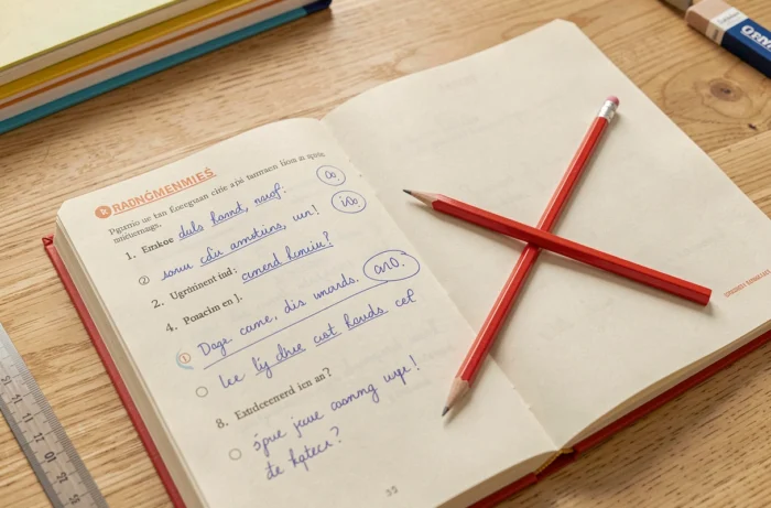 Cahier d'exercices de grammaire française ouvert avec des corrections manuscrites et un crayon rouge, illustrant la distinction entre ou et où en orthographe