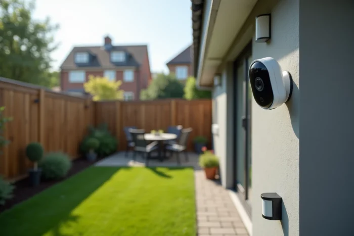 Caméra de surveillance extérieure connectée installée sur le mur d'un jardin résidentiel sécurisé