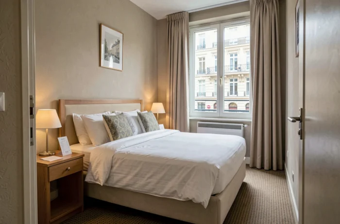 Chambre d'hôtel trois étoiles en France avec lit double blanc et vue sur rue, représentant le tarif moyen d'une nuit d'hébergement