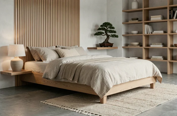 Chambre de style Japandi minimaliste avec lit en chêne massif, paroi en lattes de bois naturel et literie en lin tons pierre pour les tendances 2024