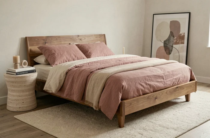 Chambre tendance avec cadre de lit en noyer, literie en lin et table de chevet en travertin — idées déco intérieure
