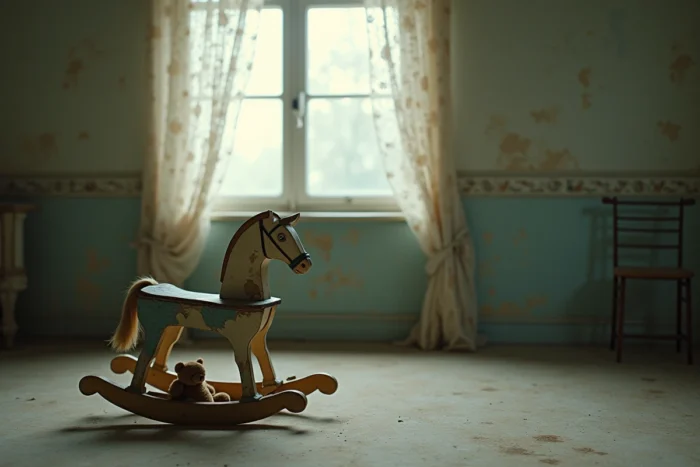Cheval à bascule en bois usé dans une chambre vide et poussiéreuse, symbole d'enfance oubliée et de souvenirs perdus