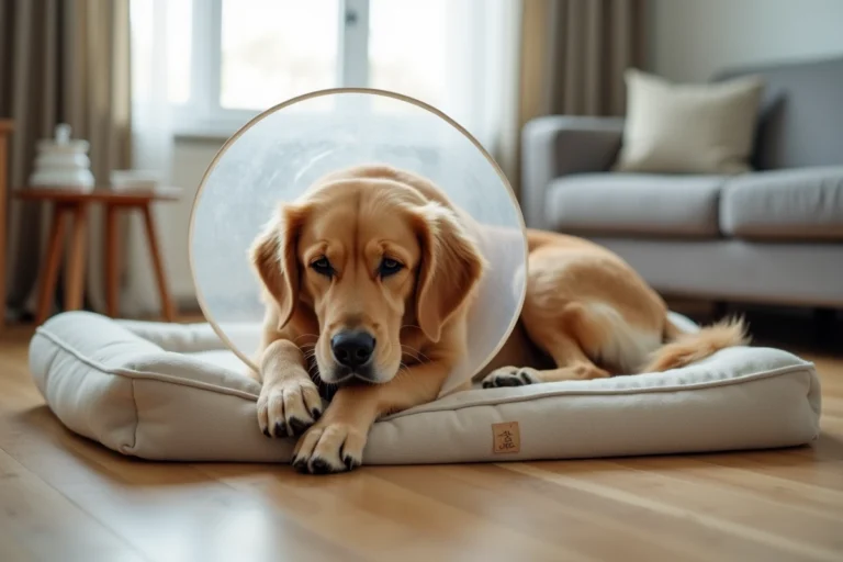 Chien golden retriever portant une collerette après une opération, allongé au repos sur un tapis orthopédique dans un salon calme