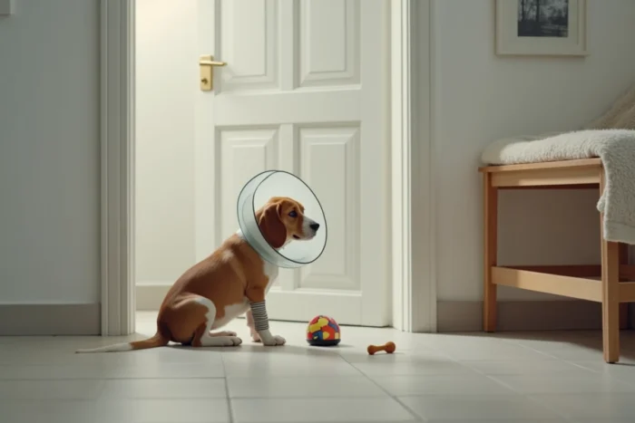 Beagle avec collerette et bandage à la patte assis seul près d'une porte dans un appartement, avec jouet et friandise pour l'occuper