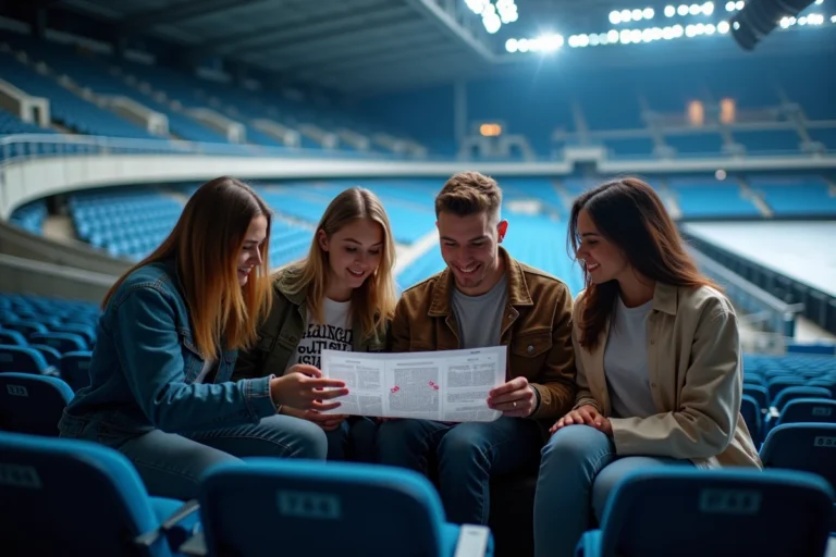 Groupe de spectateurs étudiant un plan de salle de l'Accor Arena avant un concert