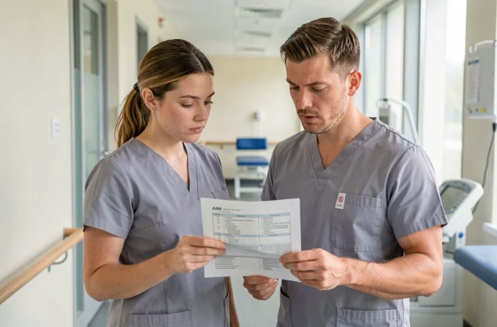 Deux aides-soignants collaborant sur un protocole de soins dans un couloir de centre de rééducation, référentiel de compétences 2026