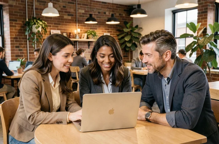 Groupe de collègues discutant des dernières actualités devant un ordinateur portable dans un espace de coworking