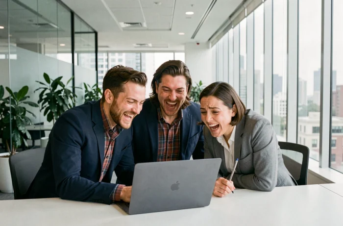 Groupe de collègues réagissant avec amusement à des tendances virales sur un ordinateur portable au bureau