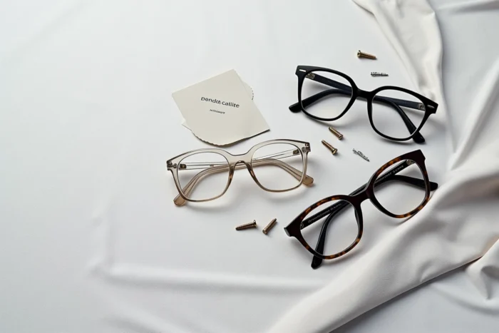 Comparaison de trois paires de lunettes rectangulaires aux montures différentes sur fond lin gris