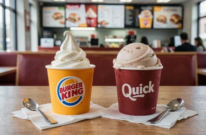Comparatif de glaces Burger King et Quick côte à côte sur une table en bois dans un fast food