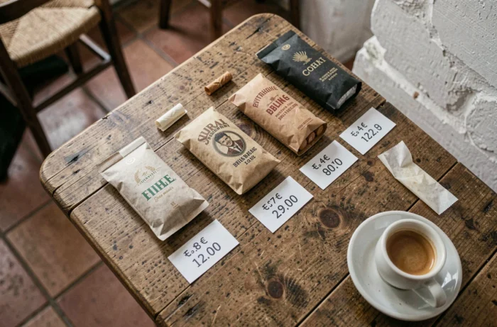 Comparaison de prix de tabacs à rouler espagnols posés sur une table de café avec étiquettes de prix