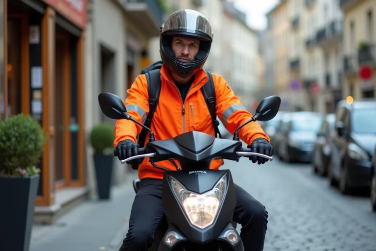 Homme adulte équipé d'un casque et d'une veste haute visibilité assis sur un scooter 125 cm3 dans une rue urbaine française