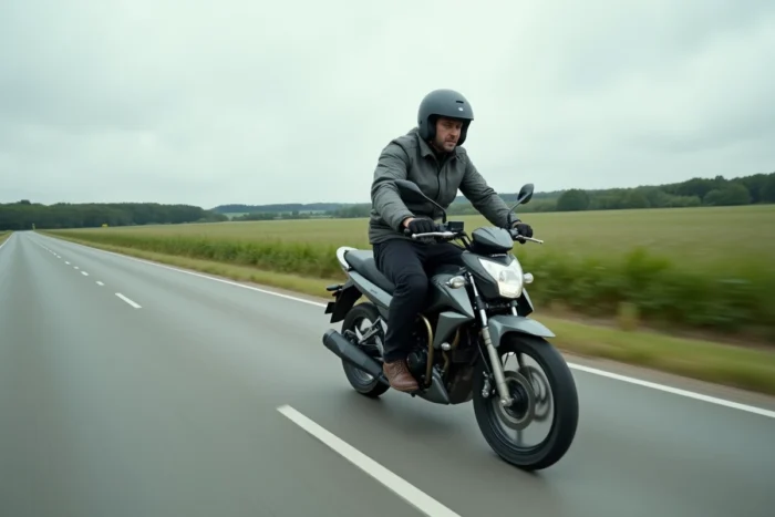 Motard adulte en pleine conduite sur une route de campagne française à bord d'une moto 125 cm3 avec permis B
