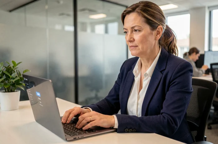 Femme professionnelle se connectant à une plateforme RH sur son ordinateur portable dans un bureau moderne