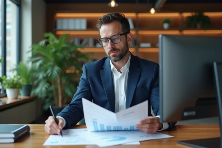 Conseiller d'entreprise masculin en costume marine travaillant sur des rapports et des tableaux de bord numériques dans un bureau moderne