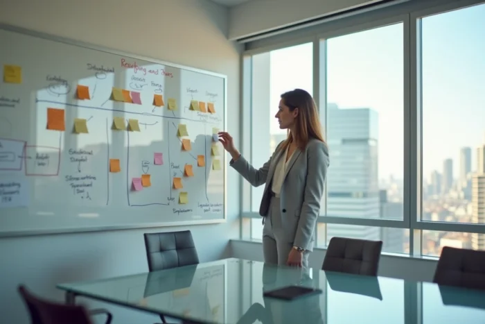 Conseillère d'entreprise présentant un schéma de processus sur un tableau blanc lors d'une réunion d'équipe en salle de conférence moderne