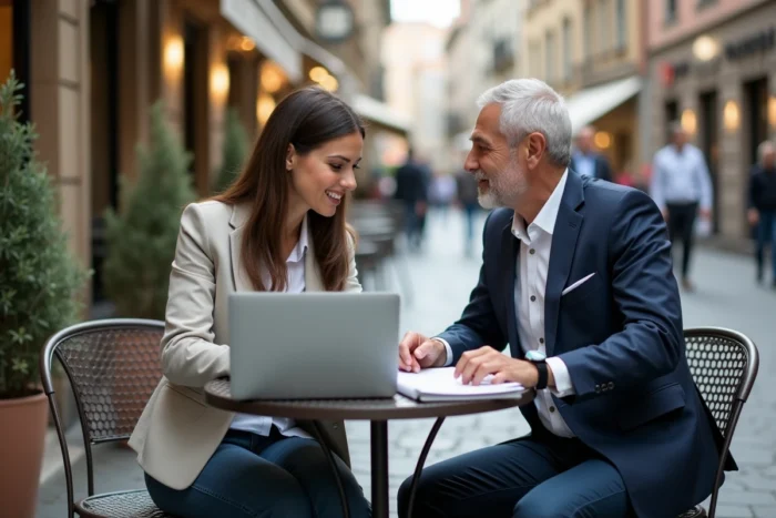 Deux conseillers d'entreprise en discussion professionnelle autour d'un ordinateur portable et d'un agenda en terrasse de café urbain