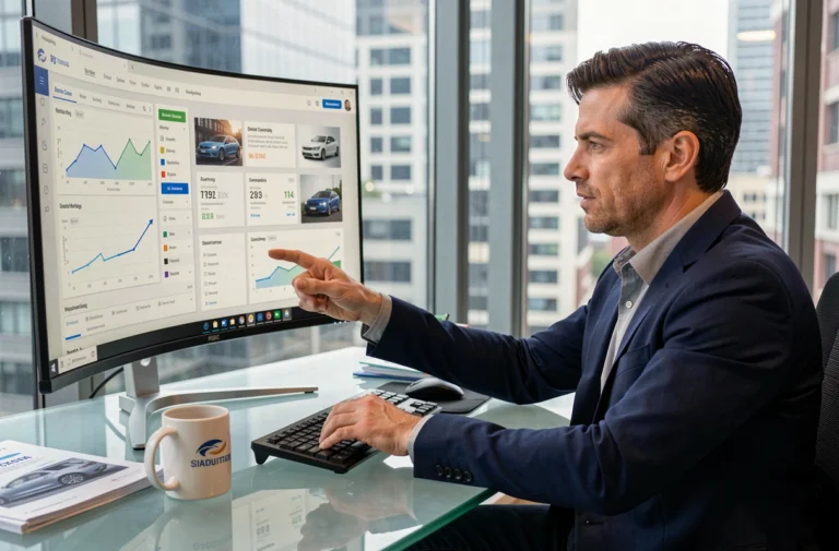 Consultant automobile analysant un tableau de bord marketing digital pour les services en ligne du secteur auto