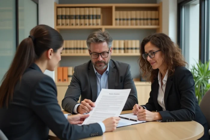 Couple consultant des documents de vente aux enchères immobilières avec une notaire dans un bureau moderne