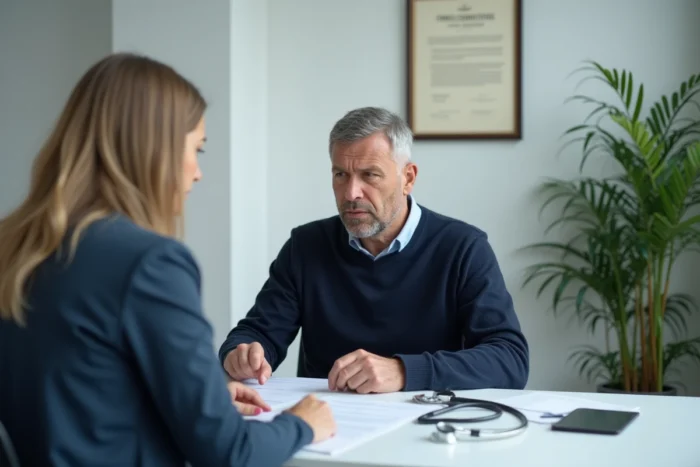 Patient en consultation médicale pour évaluation du taux d'invalidité après un burn out professionnel