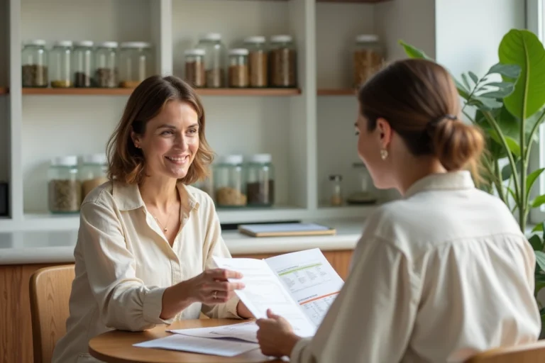 Femme consultant une nutritionniste dans un centre Naturhouse pour un suivi de régime personnalisé