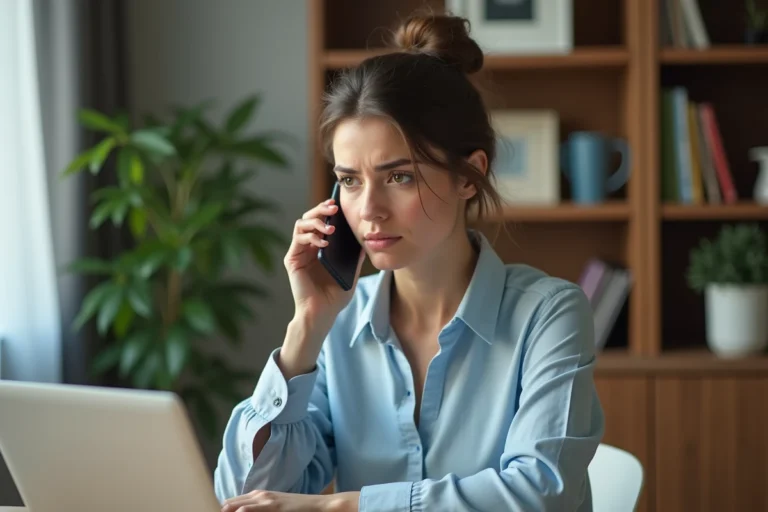 Femme contactant le service client Blablacar Bus par téléphone depuis son bureau à domicile