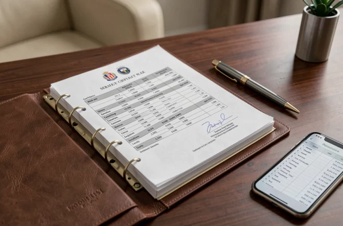 Documents de contrat de football professionnel avec chiffres de salaires et stylo de luxe sur un bureau en bois, symbolisant les accords financiers des joueurs du Real Madrid en 2026