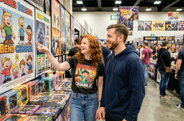 Deux jeunes adultes devant un stand de convention présentant des personnages de dessins animés commençant par B