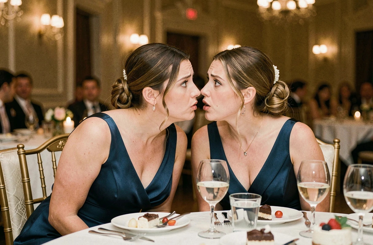 Deux femmes en tenue de mariage formelle échangeant une conversation sérieuse à une table de réception, exprimant surprise et inquiétude