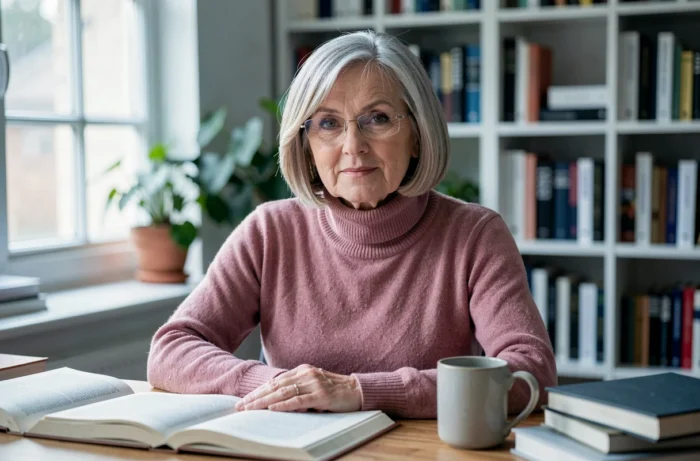 Femme élégante de 62 ans avec coupe boule courte blonde cendré et lunettes rectangulaires métalliques assise à un bureau
