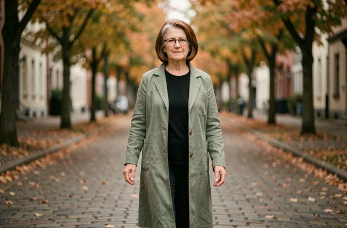 Femme de 63 ans avec coupe boule courte châtain et lunettes rondes marchant sur une rue pavée en automne