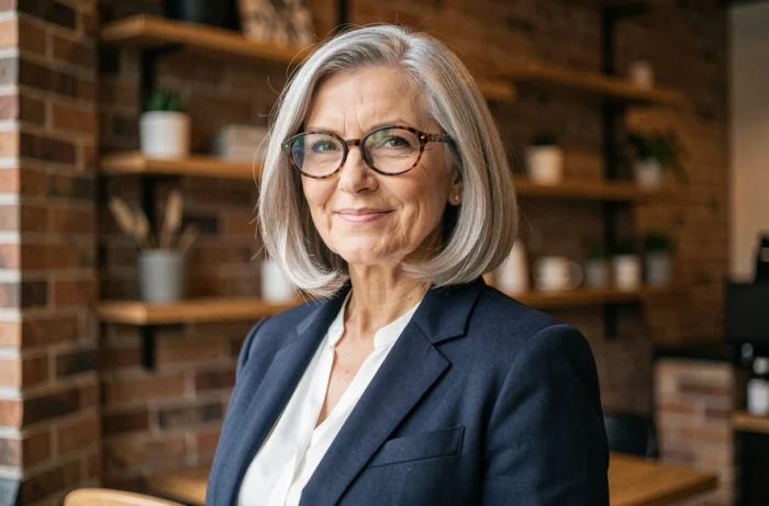 Femme de 60 ans avec une coupe boule courte argentée et des lunettes à monture écaille dans un café urbain moderne
