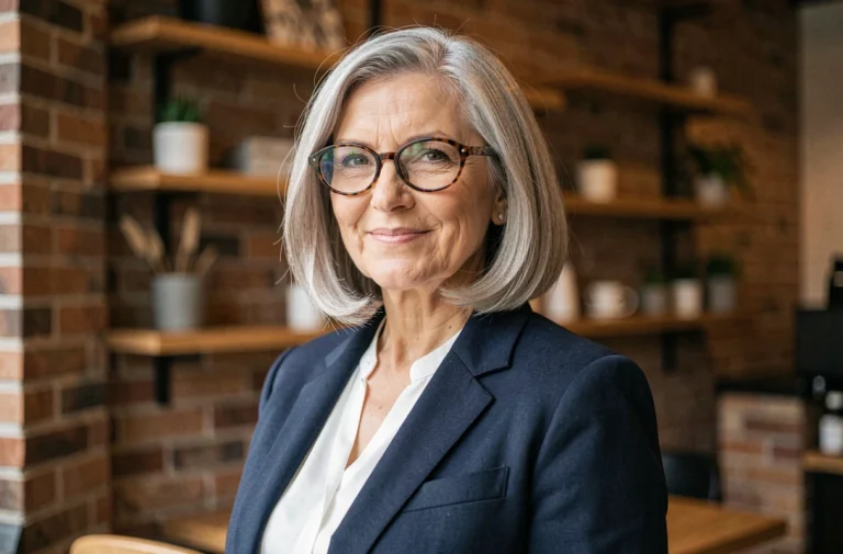 Femme de 60 ans avec une coupe boule courte argentée et des lunettes à monture écaille dans un café urbain moderne