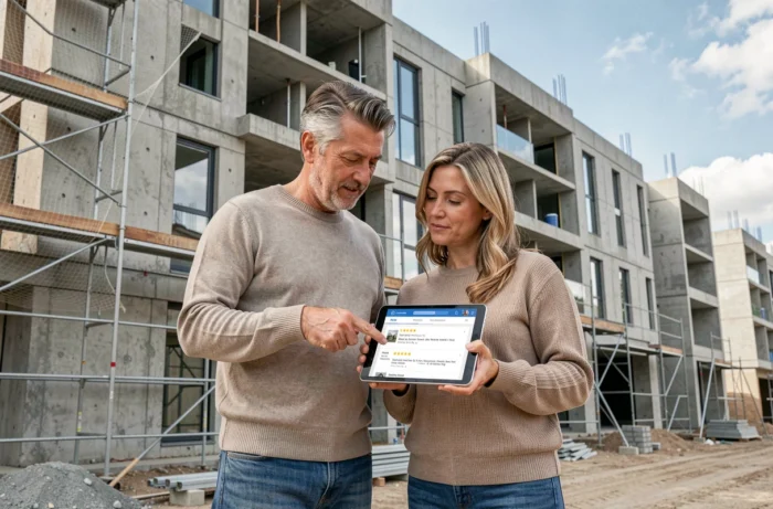 Couple consultant les avis d'un promoteur immobilier sur une tablette devant un immeuble en construction