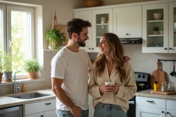 Couple complice partageant un moment matinal joyeux dans la cuisine signe d'une relation épanouie et satisfaite