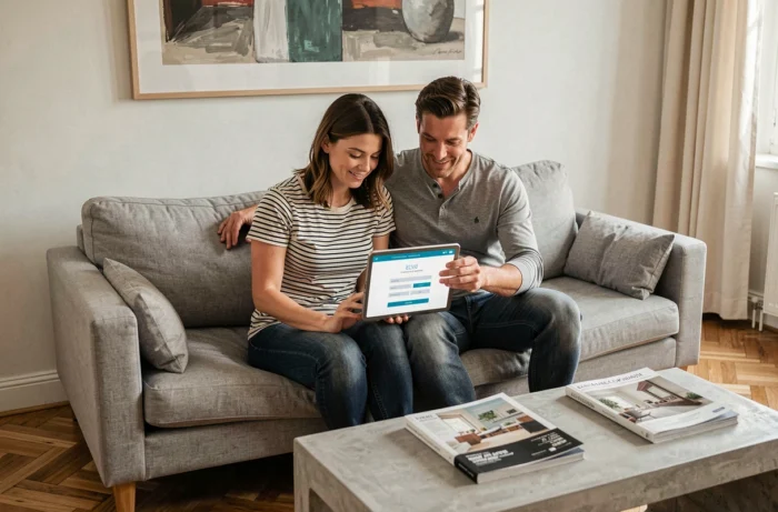 Couple sur un canapé consultant le site Espace Déco sur tablette pour soumettre un projet de décoration intérieure