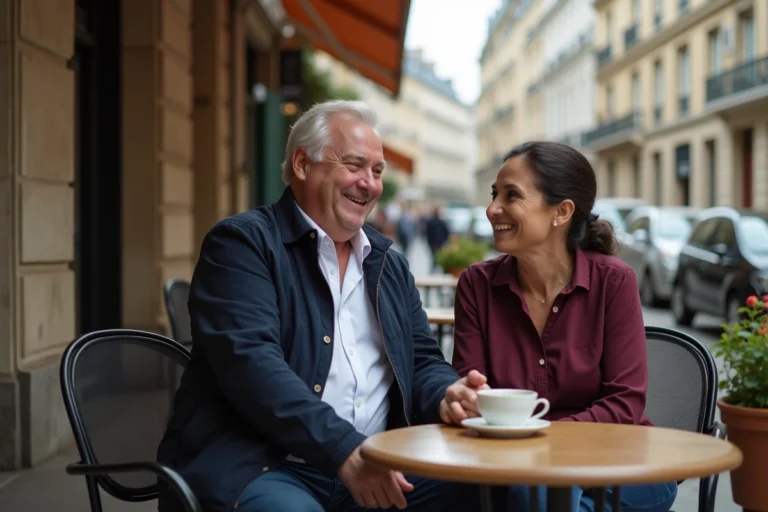 Un couple complice attablé en terrasse d'un café parisien, illustrant la vie privée et la relation amoureuse d'un humoriste célèbre